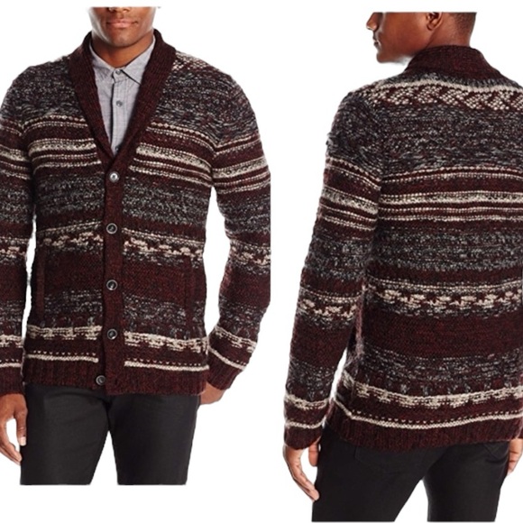 John Varvatos USA Shawl Collar Wool Cardigan Sweater Mens L Burgundy Fair Isle